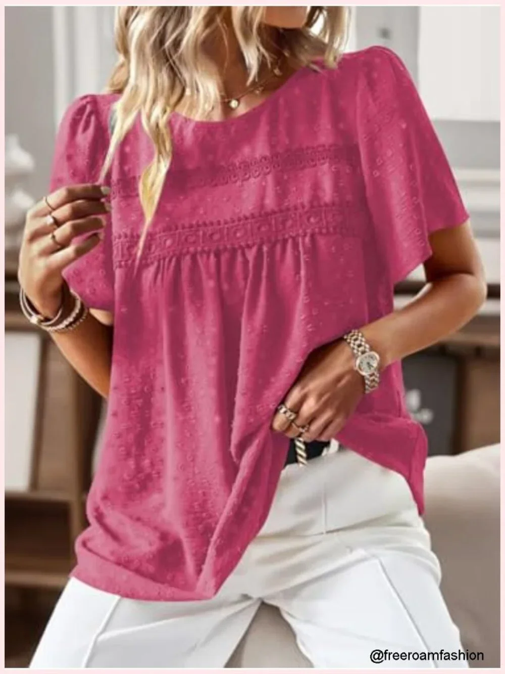 Swiss Dot Chiffon Babydoll Blouse Short Sleeve Tunic Top